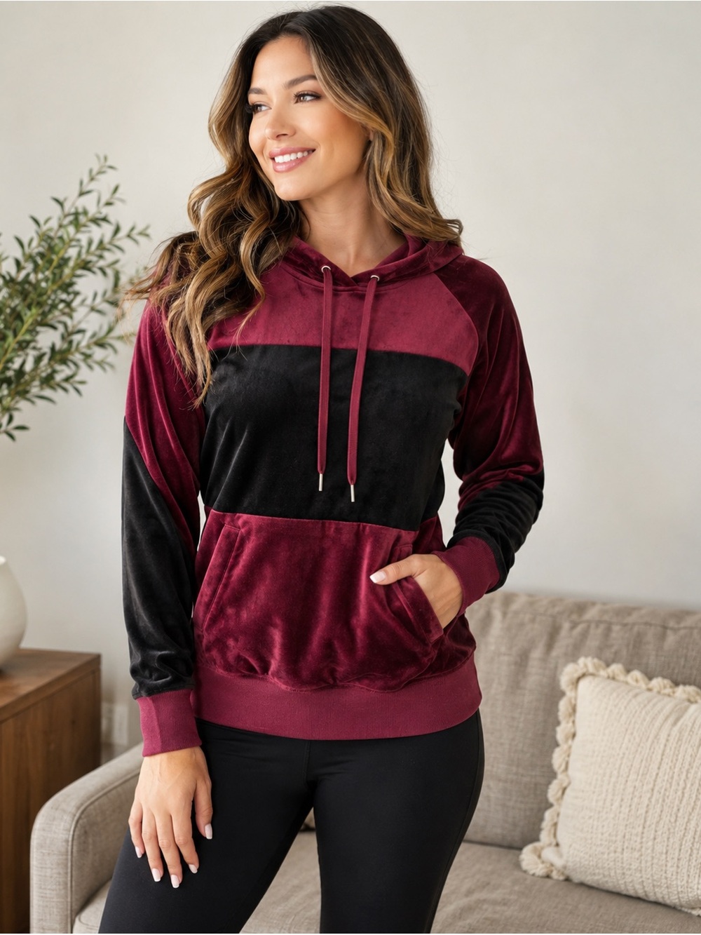 Champion Elite Velour Hoodie Women’s M Burgundy Black Colorblock Pullover Soft